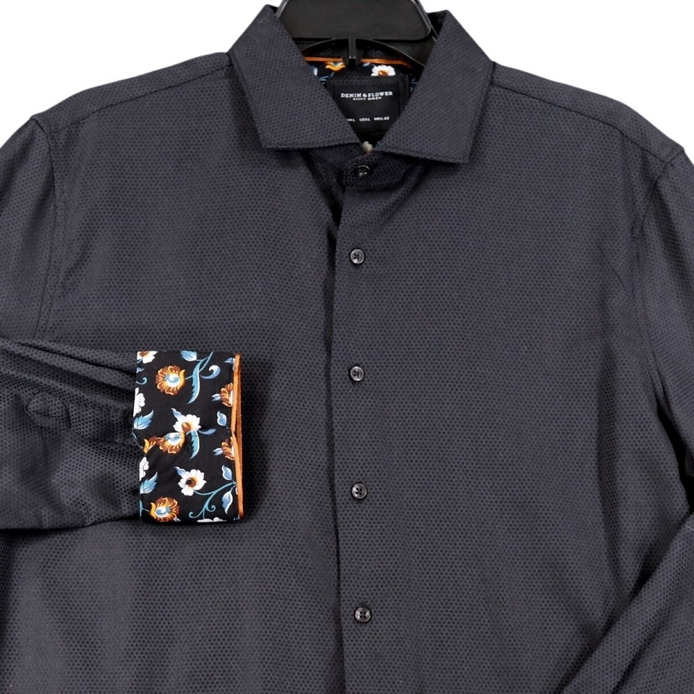 Denim & Flower Ricky Singh Button Down Shirt Men L Micro Diamond Floral Trim